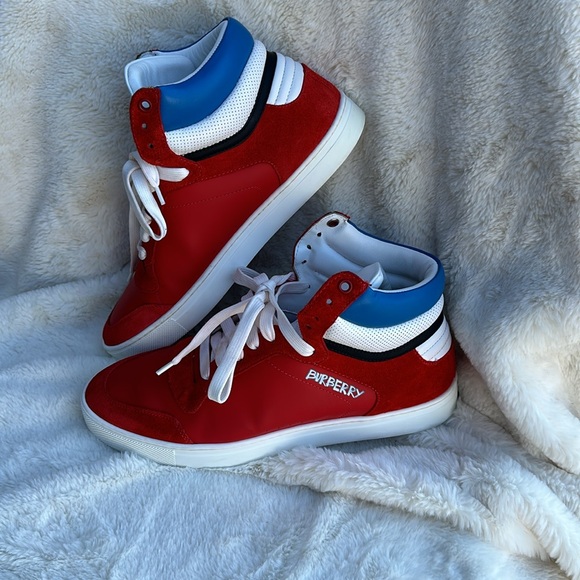 BRIGHT LEATHER SUEDE "REETH" "BURBERRY" LETTERING LOGO HI TOP LACE UP SNEAKERS - Picture 5 of 11